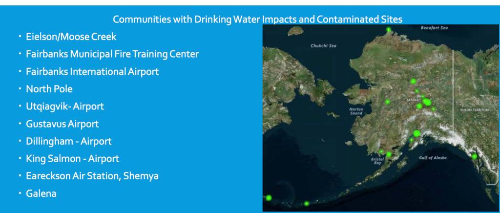 This image from a packet from a February 2019 public meeting with the Alaska Department of Environmental Conservation, Department of Transportation and Public Facilities and Department of Health and Social Services in Dillingham shows locations around the state that have been contaminated by a group of chemicals associated with firefighting foam.