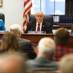 Sen. Cathy Giessel, R-Anchorage, left, Sen. John Coghill, R-North Pole, center, and Sen. Mia Costello, R-Anchorage, listen to Sen. Bert Stedman, R-Sitka, present SB 1002, a bill to provide a Permanent Fund Dividend of $1,600, to the Senate Rules Committee at the Capitol on Monday, June 3, 2019. (Michael Penn | Juneau Empire)