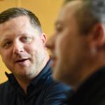 Garrett Schoenberger, left, and Paul Simpson, of Alaska Legacy Partners, have bought 27 acres of land that make up the Mendenhall Business Park they announced on Monday, June 3, 2019. (Michael Penn | Juneau Empire)