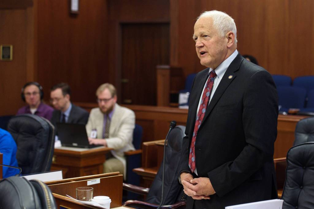 Sen. Chris Birch, R-Anchorage, offers an amendment for a $900 dividend during debate in the Senate on Tuesday, June 4, 2019. (Michael Penn | Juneau Empire)