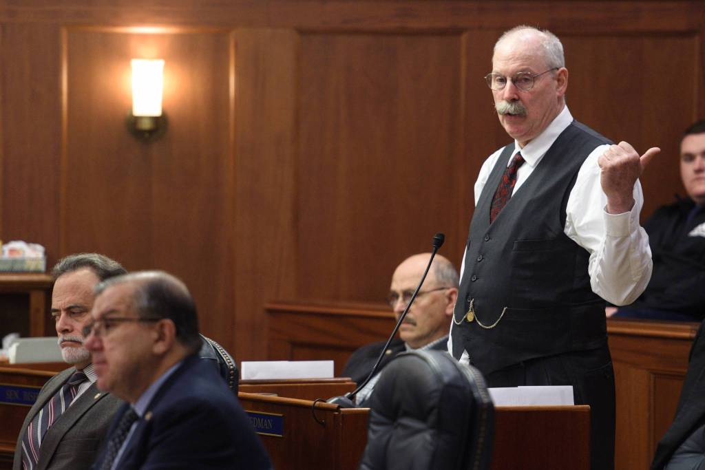 Sen. Bert Stedman, R-Sitka, speaks during debate on the size of the Alaska Permanent Fund dividend in the Senate on Tuesday, June 4, 2019. (Michael Penn | Juneau Empire)