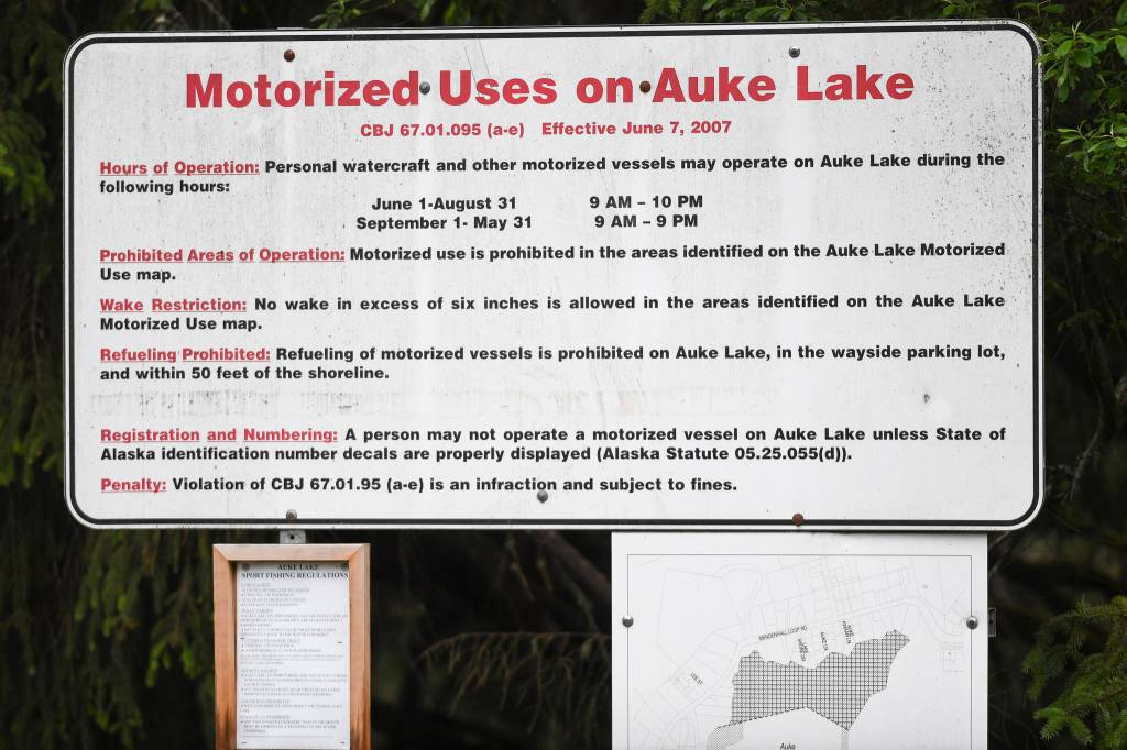 Rules for motorized uses at Auke Lake on Wednesday, June 5, 2019. (Michael Penn | Juneau Empire)