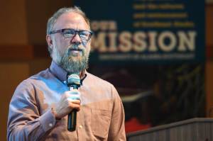 Aidan Key, director of Gender Diversity, speaks after the showing of the movie, The Most Dangerous Year at the University of Alaska on Thursday, June 6, 2019. (Michael Penn | Juneau Empire)