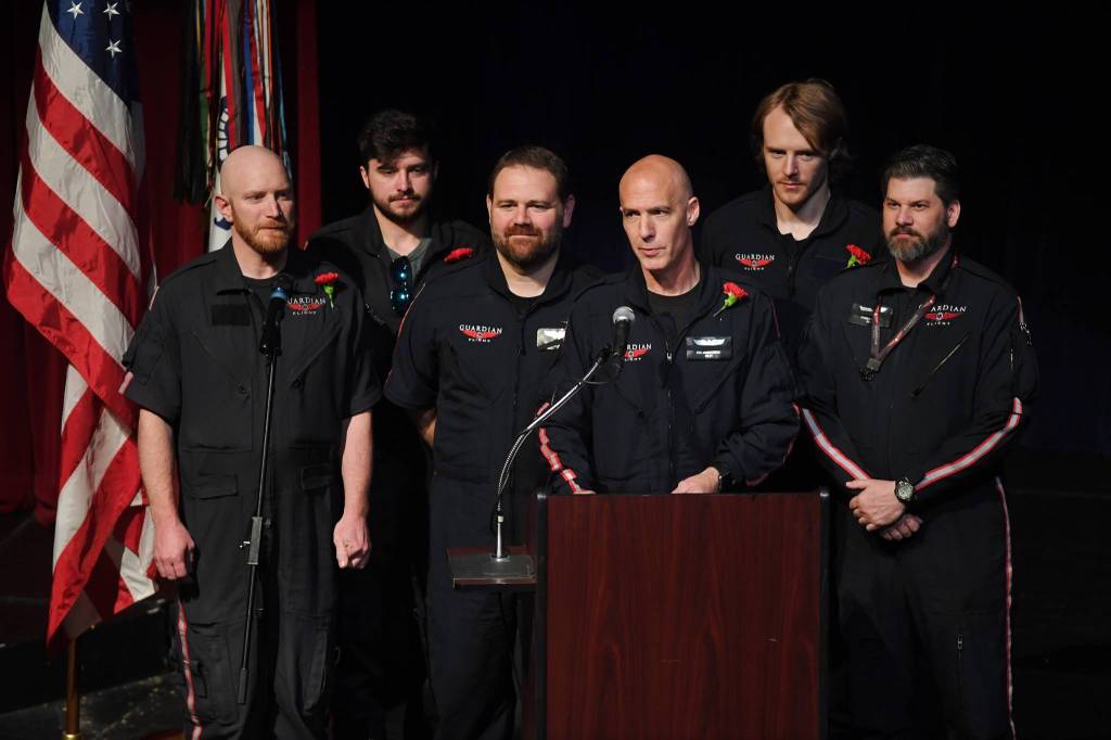 Guardian pilots reflect on pilot Patrick Coyle during a memorial for the Guardian Flight crew at Juneau-Douglas High School: Yadaa.at Kalé on Friday, June 7, 2019. (Michael Penn | Juneau Empire)
