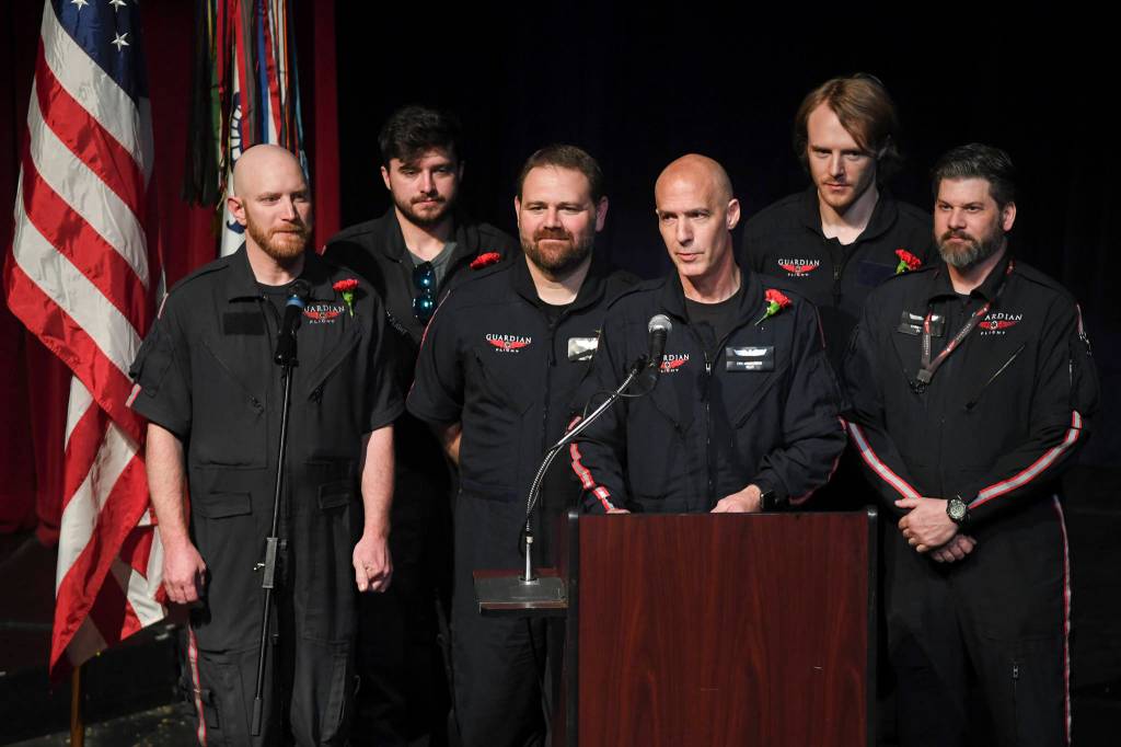 Guardian Flight pilots speak about pilot Patrick Coyle during a memorial service for the Guardian Flight crew held at Juneau-Douglas High School: Yadaa.at Kalé on Friday, June 7, 2019. (Michael Penn | Juneau Empire)