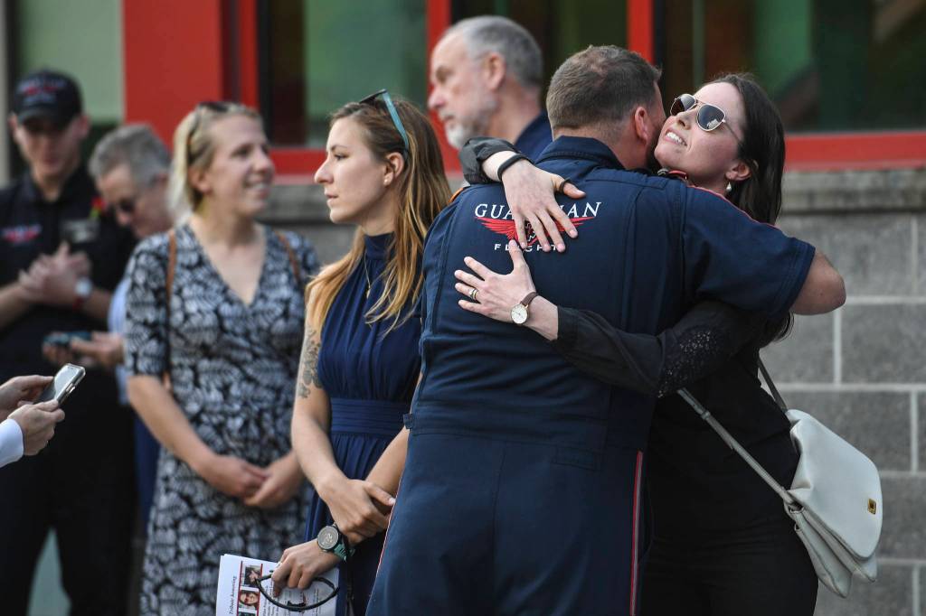 The memorial service for the Guardian Flight crew is held at Juneau-Douglas High School: Yadaa.at Kalé on Friday, June 7, 2019. (Michael Penn | Juneau Empire)