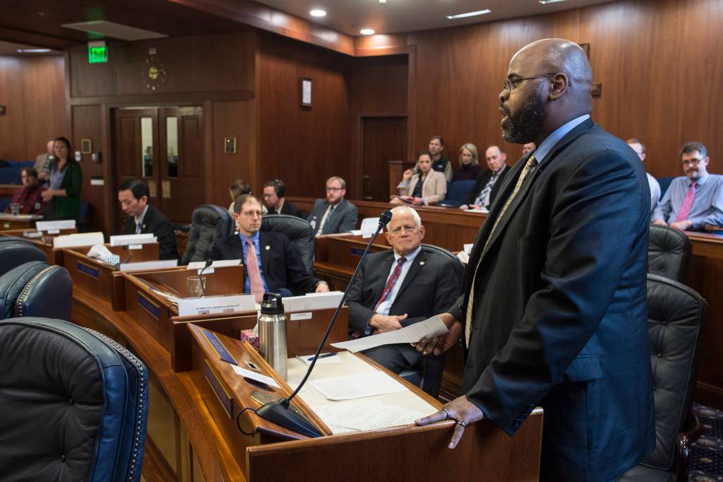 Sen. David Wilson, R-Wasilla, speaks against a resolution to have a combined House/Senate committee to study a Permanent Fund Dividend solution at the Capitol on Monday, June 10, 2019. (Michael Penn | Juneau Empire)