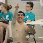 Juneaus CJ Umbs acknowledges supporters in the stands during the aquatics events at the Special Olympics Summer Games in Anchorage on Saturday, June 8, 2019. (Courtesy Photo | Special Olympics Alaska)