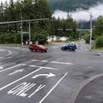The intersection of Stephen Richards Memorial Drive and Mendenhall Loop Road on Wednesday, June 11, 2019. The Department of Transportation and Public Facilities plans to build a roundabout at the intersection. (Michael Penn | Juneau Empire)