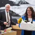 Former Assembly member Debbie White leaves the Assembly chambers after being acknowledged for her service on the Assembly and many city committees at the start of the Assembly meeting on Monday, Oct. 16, 2017. (Michael Penn | Juneau Empire File)