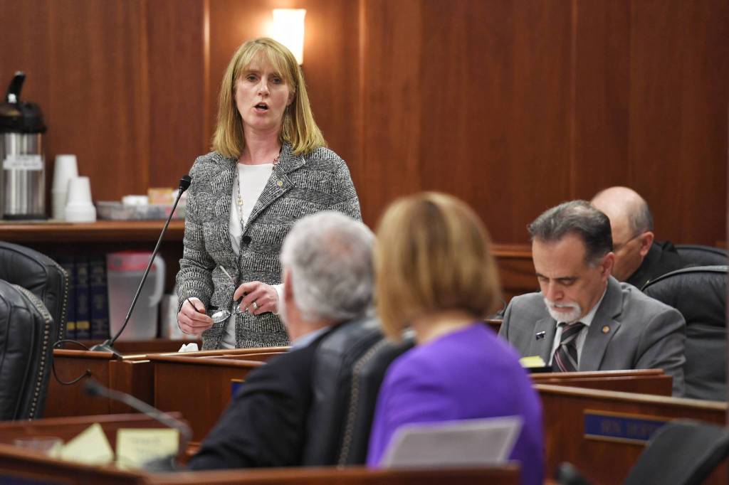 Sen. Natasha von Imhof, R-Anchorage, speaks in favor of passing the capital budget in the Senate at the Capitol on Thursday , June 13, 2019. (Michael Penn | Juneau Empire)