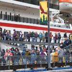 Passengers disembark from the cruise ship Carnival Legend at the South Franklin Dock on Wednesday, May 8, 2019. The company was cited for excess air pollution last year. (Michael Penn | Juneau Empire)