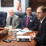 Sen. Jesse Kiehl, D-Juneau, right, speaks at a press conference by Senate Democrats at the Capitol on Thursday, Jan. 17, 2019. Also pictured are Sen. Elvi Gray-Jackson, D-Anchorage, left, Sen. Tom Begich, D-Anchorage, and Sen. Scott Kawasaki, D-Fairbanks. (Michael Penn | Juneau Empire File)