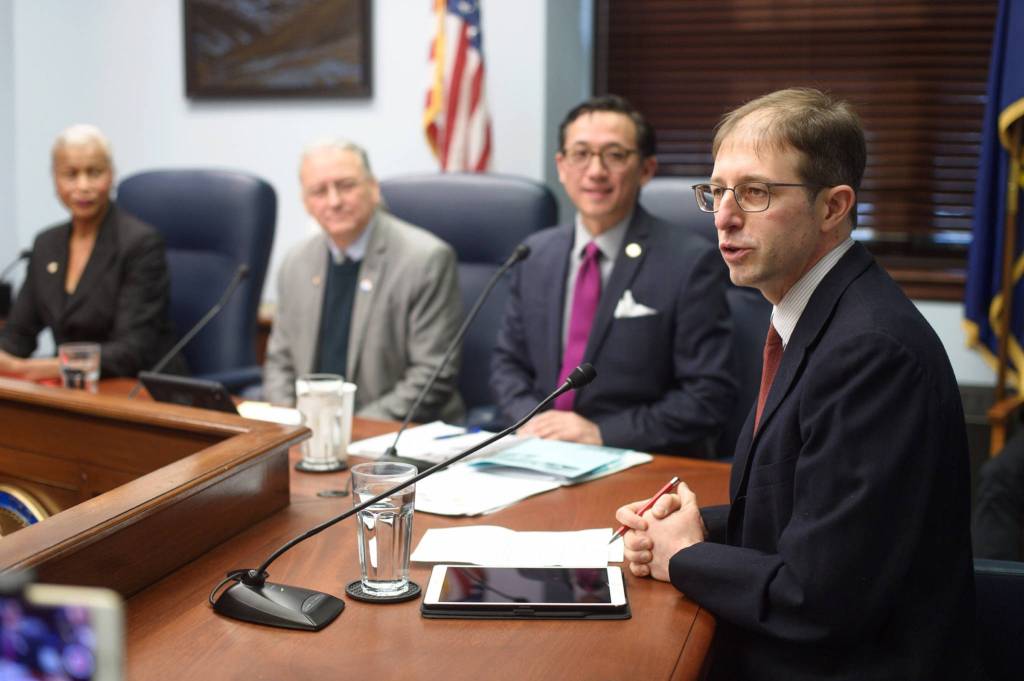Sen. Jesse Kiehl, D-Juneau, right, speaks at a press conference by Senate Democrats at the Capitol on Thursday, Jan. 17, 2019. Also pictured are Sen. Elvi Gray-Jackson, D-Anchorage, left, Sen. Tom Begich, D-Anchorage, and Sen. Scott Kawasaki, D-Fairbanks. (Michael Penn | Juneau Empire File)