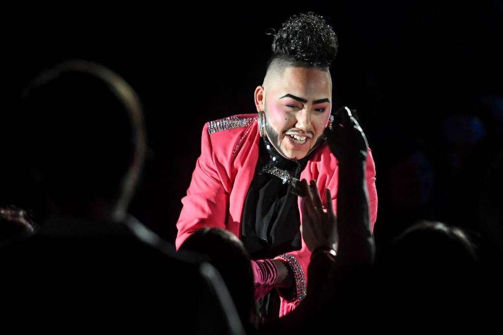 Tenderoni, of Chicago, performs at the 5th annual GLITZ Drag Show in honor of the 50th Anniversary of the Stonewall Riots and Juneau Pride Kickoff! at Centennial Hall on Friday, June 14, 2019. (Michael Penn | Juneau Empire)