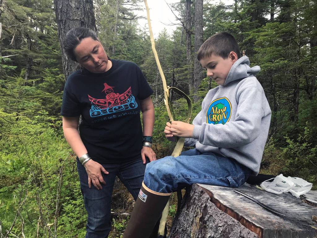 Auntie Vivian Mork Yéilk and nephew Jackson Pearson work on devils club. (Vivian Faith Prescott | For the Capital City Weekly)