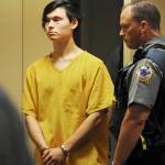 Caleb Leyland, 19, appears in a Superior courtroom for his arraignment in the Nesbett Courthouse on Tuesday in Anchorage. Six people have been charged n the slaying of Cynthia Hoffman including Leyland. Hoffman was taken to the Thunderbird Falls trailhead in Chugiak where she was bound with duct tape, shot and left in the Eklutna River on June 2, according to charges. (Bill Roth/Anchorage Daily News via AP)