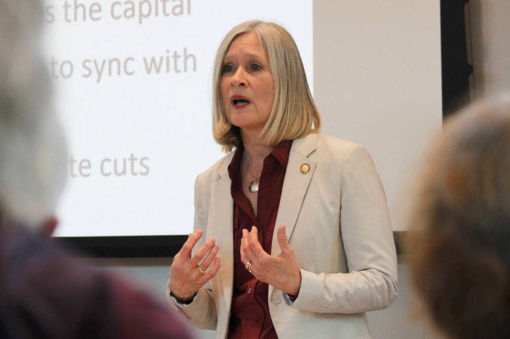 Rep. Andi Story, D-Juneau, addresses a crowd of attendees at a town hall meeting at the Mendenhall Valley Public Library on Wednesday, June 19, 2019. (Alex McCarthy | Juneau Empire)