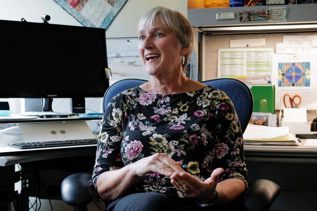 Margie Thomson, coordinator for disability and counseling services at the University of Alaska Southeast, speaks about her work with the transgender community during an interview at UAS on Wednesday, June 19, 2019. Thomson is receiving the Mildred Boesser Equal Rights Award from the Southeast AK Lesbian & Gay Alliance LGBTQ+ Alliance at the end of Juneau Pride Week today. (Michael Penn | Juneau Empire)