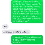 A text message from reporter Alex McCarthy to the victim, Serapio Garcia.