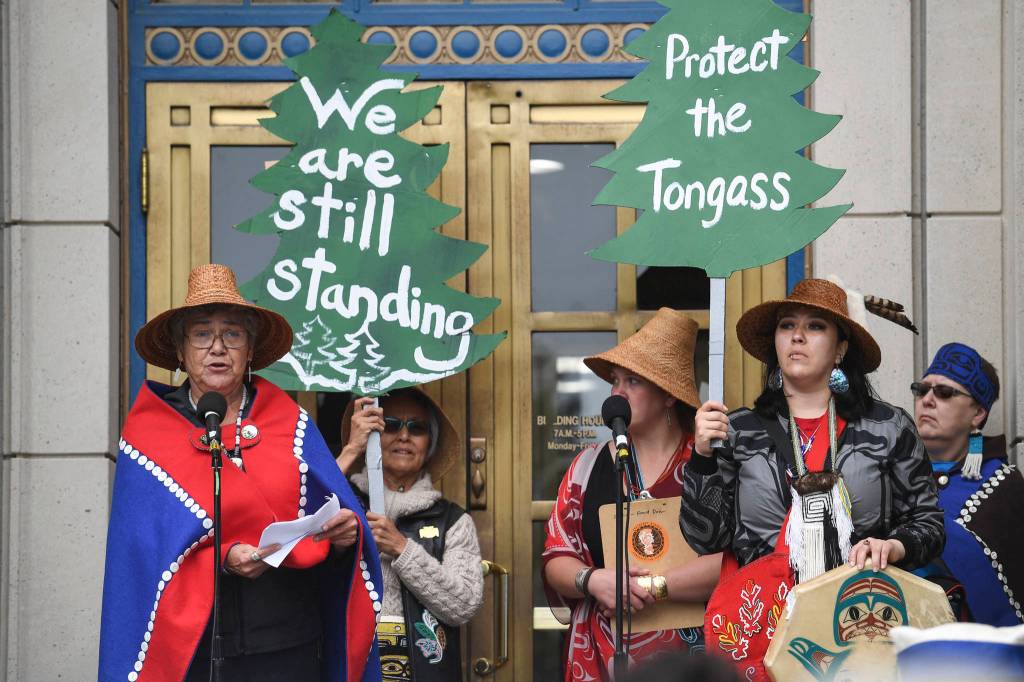 Wanda Kashudoha Loescher Culp, Tlingit activist and WECAN Tongass Coordinator, speaks during a Tongass Rally to show local support for the 2001 National Roadless Rule in front of the Alaska State Capitol on Saturday, June 22, 2019. (Michael Penn | Juneau Empire)
