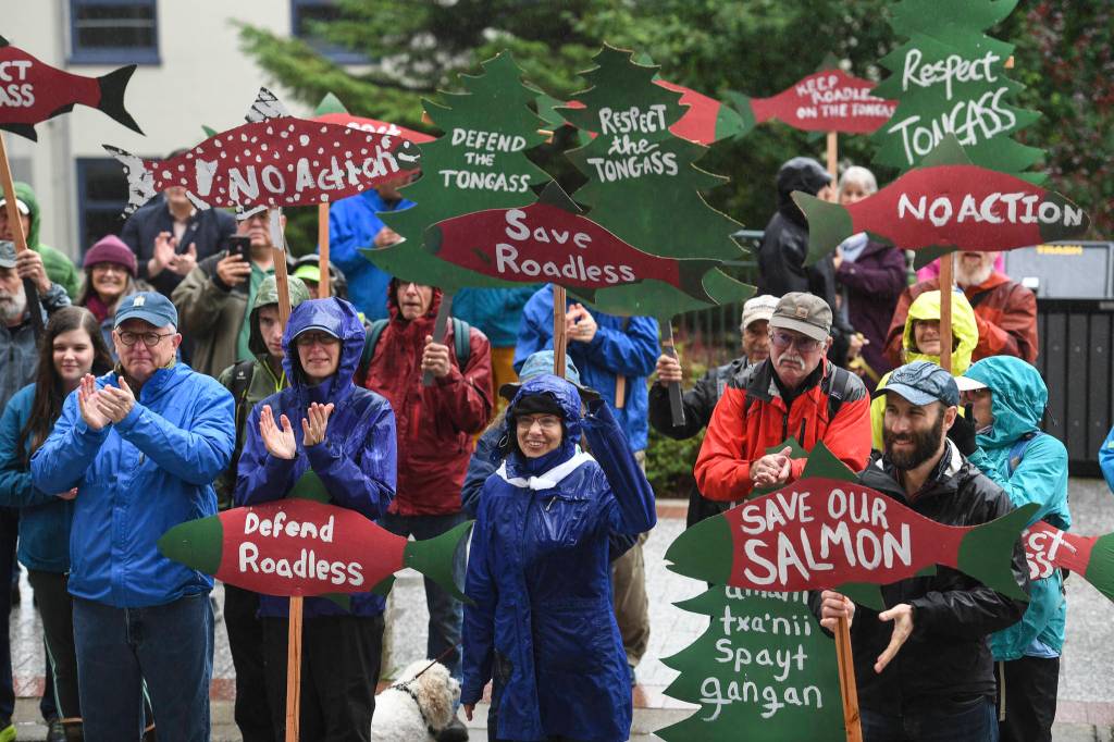 Advocates turn out in front of the Alaska State Capitol to show local support for the 2001 National Roadless Rule during a Tongass Rally on Saturday, June 22, 2019. (Michael Penn | Juneau Empire)