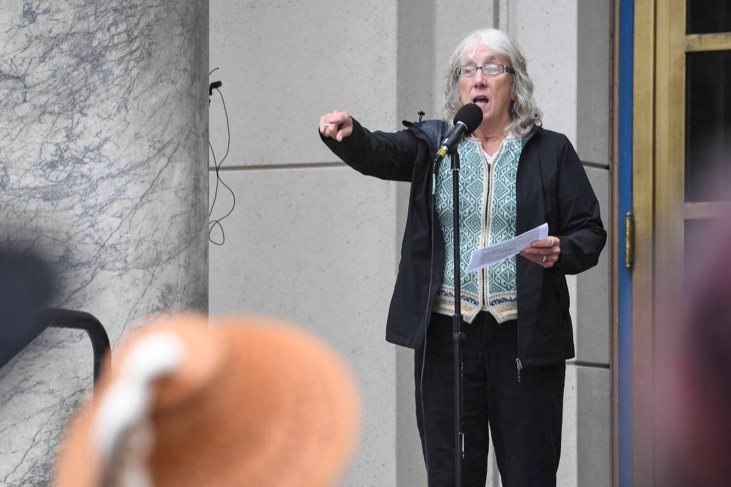 Kate Troll speaks during a Tongass Rally to show local support for the 2001 National Roadless Rule in front of the Alaska State Capitol on Saturday, June 22, 2019. (Michael Penn | Juneau Empire)
