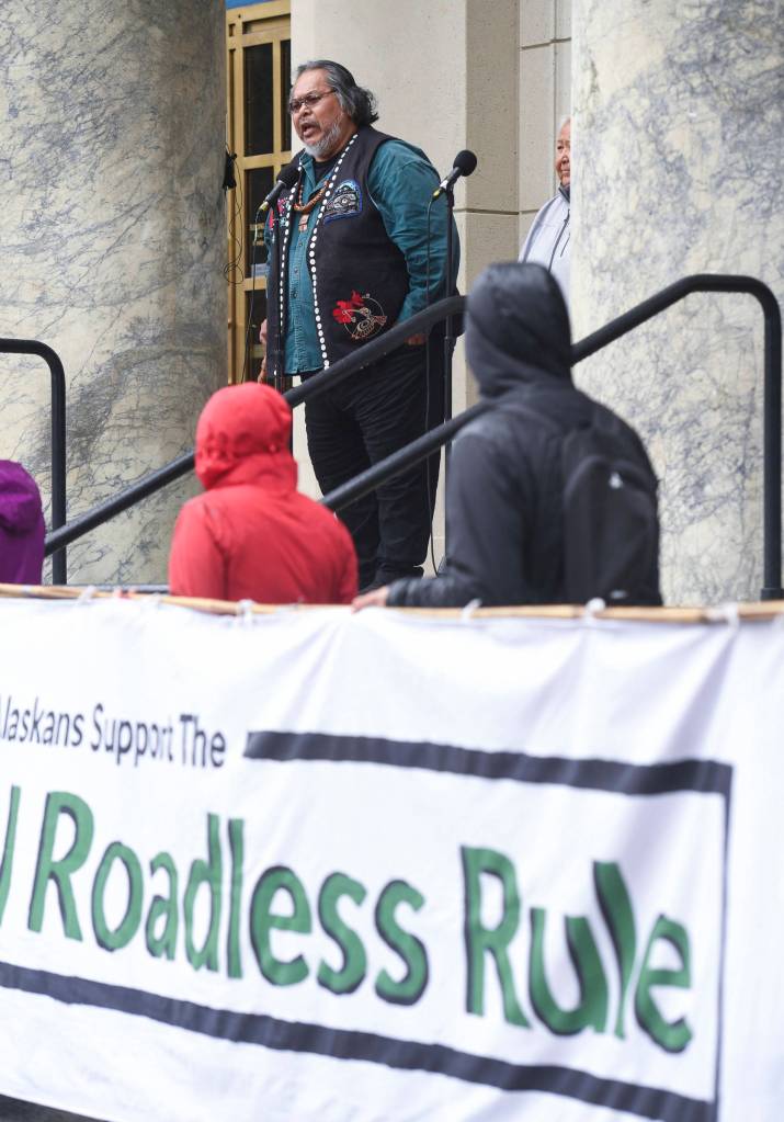 Joel Jackson, Organized Village of Kake Tribal President, speaks during a Tongass Rally to show local support for the 2001 National Roadless Rule in front of the Alaska State Capitol on Saturday, June 22, 2019. (Michael Penn | Juneau Empire)