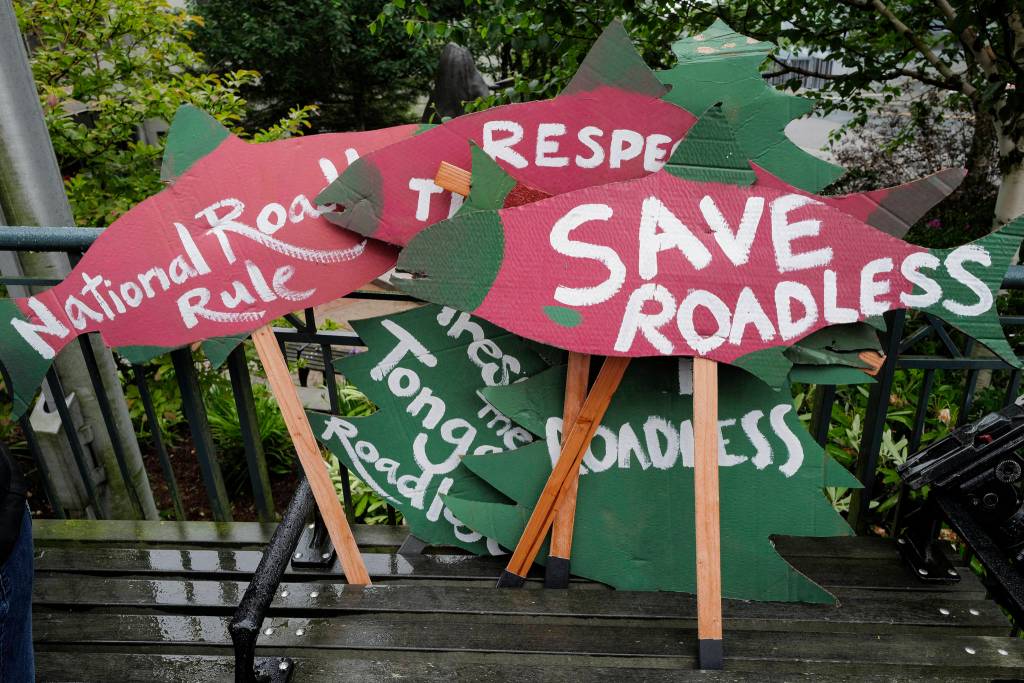 Signs in front of the Alaska State Capitol to show local support for the 2001 National Roadless Rule during a Tongass Rally on Saturday, June 22, 2019. (Michael Penn | Juneau Empire)