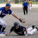 Juneaus Brock McCormick dives safely back to first base as the ball gets by Bartletts Taylor McCartin the fourth inning in Legion League baseball at Adair-Kennedy Memorial Park on Friday, June 21, 2019. (Michael Penn | Juneau Empire)