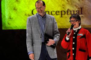 Perseverance Theatres artistic Director Art Rotch and Juneau Arts & Humanities Council Executive Director Nancy DeCherney address the audience during the break at the annual Wearable Art show in this February 2013 photo. Rotch is departing Perseverance Theatre this month. (Michael Penn | Juneau Empire File)