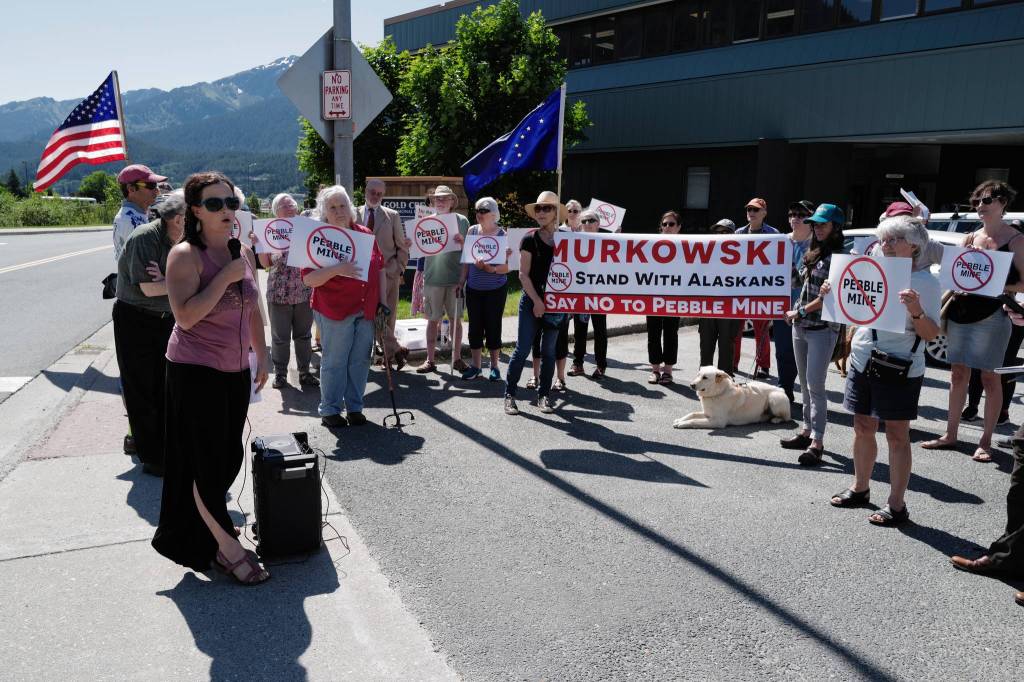 Lindsey Bloom of Salmon State gives a speech at the No Pebble Mine rally. (Michael Penn | Juneau Empire)