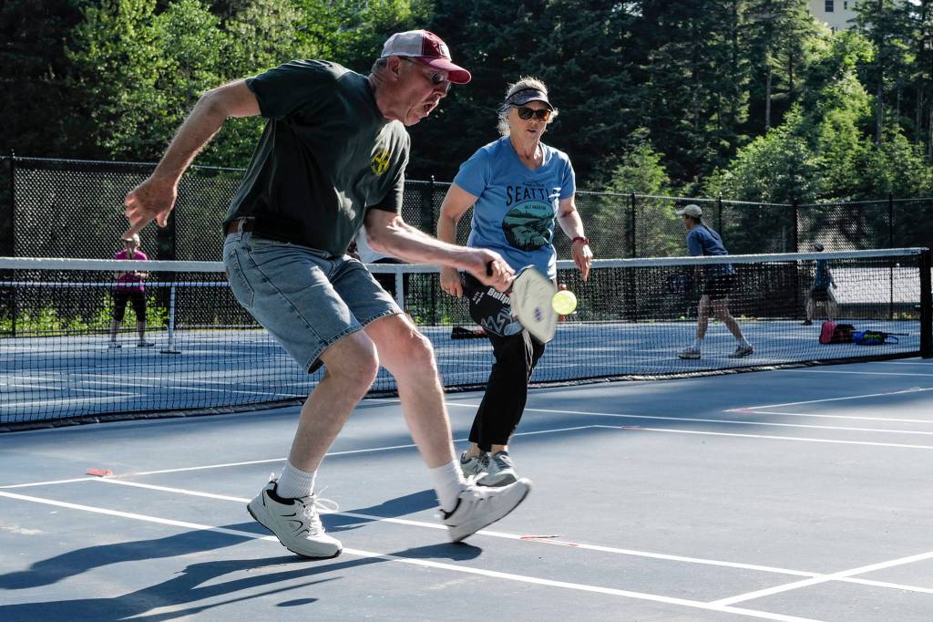 Pickleball at the Cope Park tennis courts on Wednesday, June 26, 2019. (Michael Penn | Juneau Empire)