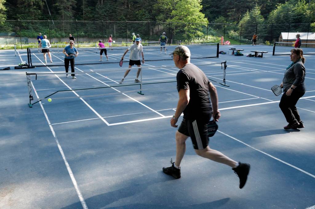 Pickleball at the Cope Park tennis courts on Wednesday, June 26, 2019. (Michael Penn | Juneau Empire)