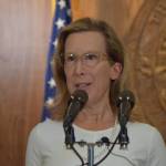 OMB Director Donna Arduin speaks during an announcement of a budget signing and over $400 million in line-item vetoes to the Legislatures budget, Friday, June 28, 2019. (Ben Hohenstatt | Juneau Empire)