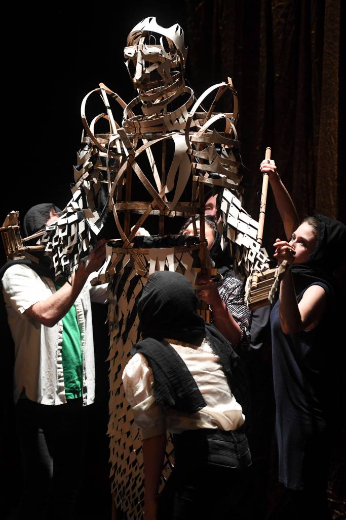 The Ghost of the Dead King arrives on stage during a performance of William Shakespeares Hamlet by Theatre in the Rough at McPhetres Hall on Tuesday, July 2, 2019. (Michael Penn | Juneau Empire)