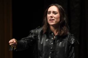 Natalia Spengler plays the title roll during a performance of William Shakespeares Hamlet by Theatre in the Rough at McPhetres Hall on Tuesday, July 2, 2019. (Michael Penn | Juneau Empire)