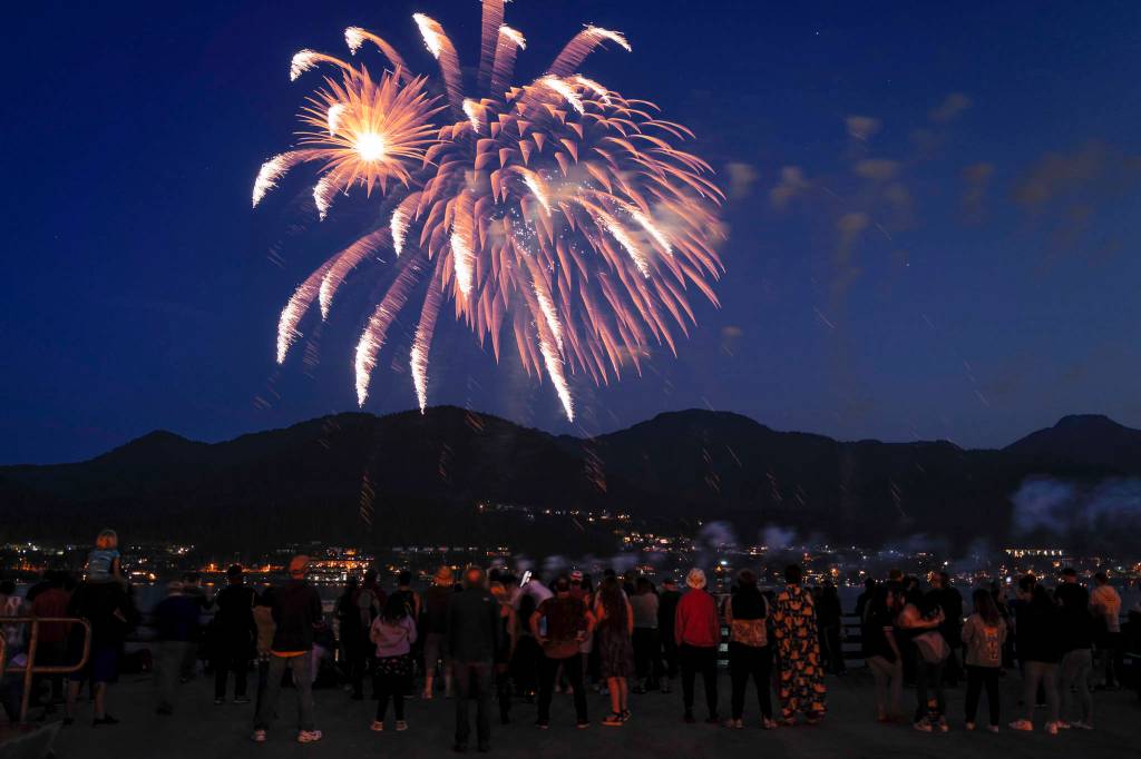 Juneau residents gather around the downtown waterfront to watch the annual fireworks display on Wednesday, July 3, 2019. (Michael Penn | Juneau Empire)