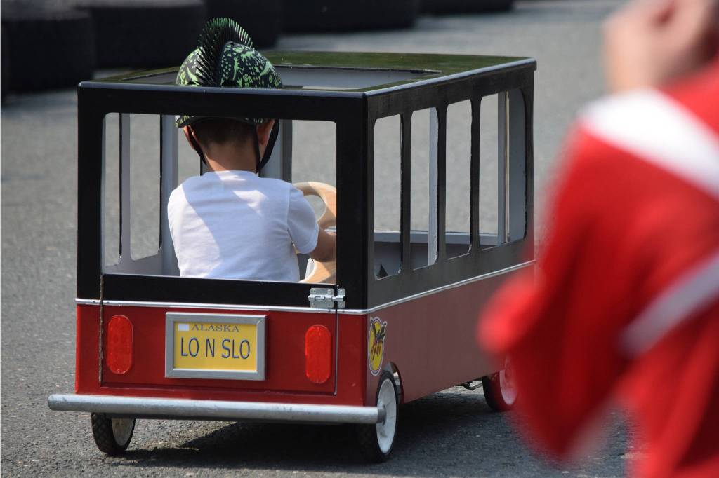 Ikahn DeGuzman, 6, heads down St. Anns Avenue during the Soapbox Challenge on Thursday, July 4, 2019. (Nolin Ainsworth | Juneau Empire)