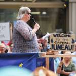 Juneau Mayor Beth Weldon speaks in front of the Capitol calling for for an override of Gov. Mike Dunleavys budget vetoes on Monday, July 8, 2019. (Michael Penn | Juneau Empire)