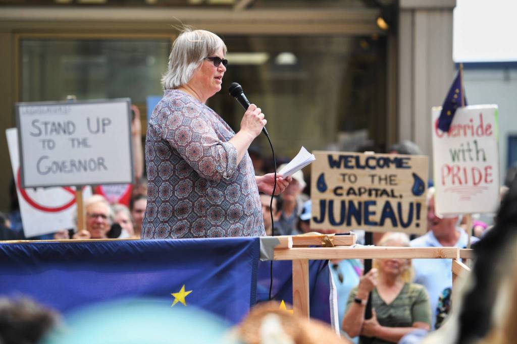 Juneau Mayor Beth Weldon speaks in front of the Capitol calling for for an override of Gov. Mike Dunleavys budget vetoes on Monday, July 8, 2019. (Michael Penn | Juneau Empire)