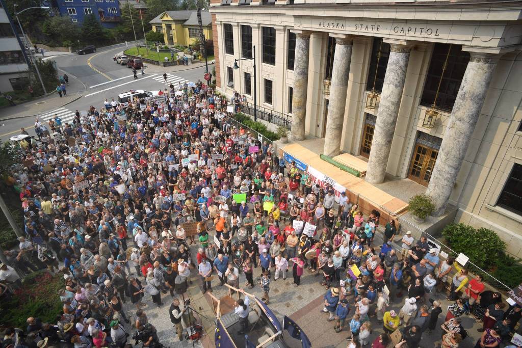Hundreds attend a rally in front of the Capitol calling for for an override of Gov. Mike Dunleavys budget vetoes on Monday, July 8, 2019. (Michael Penn | Juneau Empire)