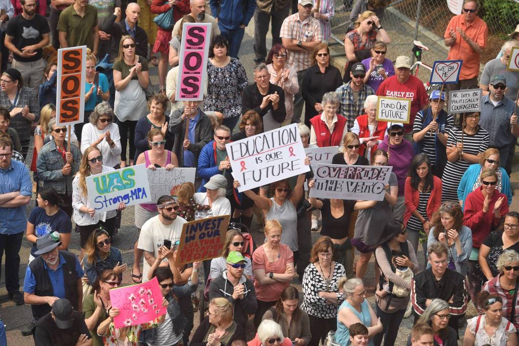 Hundreds attend a rally in front of the Capitol calling for for an override of Gov. Mike Dunleavys budget vetoes on Monday, July 8, 2019. (Michael Penn | Juneau Empire)