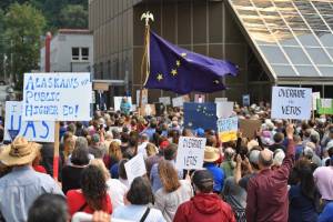 Hundreds attend a rally in front of the Capitol calling for for an override of Gov. Mike Dunleavys budget vetoes on Monday, July 8, 2019. (Michael Penn | Juneau Empire)