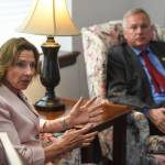 Senate President Cathy Giessel, R-Anchorage, and Speaker of the House Bryce Edgmon, I-Dillingham, speak to members of the media after gavelling into a Second Special Session of the Alaska Legislature in Juneau on Monday, July 8, 2019. The two leaders are calling for a full override of Gov. Mike Dunleavys budget vetoes. (Michael Penn | Juneau Empire)