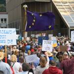 Hundreds attend a rally in front of the Capitol calling for an override of Gov. Mike Dunleavys budget vetos on the first day of the Second Special Session of the Alaska Legislature in Juneau on Monday, July 8, 2019. (Michael Penn | Juneau Empire)