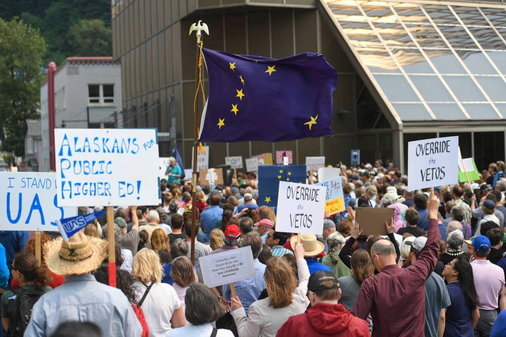 Hundreds attend a rally in front of the Capitol calling for an override of Gov. Mike Dunleavys budget vetos on the first day of the Second Special Session of the Alaska Legislature in Juneau on Monday, July 8, 2019. (Michael Penn | Juneau Empire)