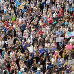 Hundreds attend a rally in front of the Capitol calling for an override of Gov. Mike Dunleavys budget vetos on the first day of the Second Special Session of the Alaska Legislature in Juneau on Monday, July 8, 2019. (Michael Penn | Juneau Empire)