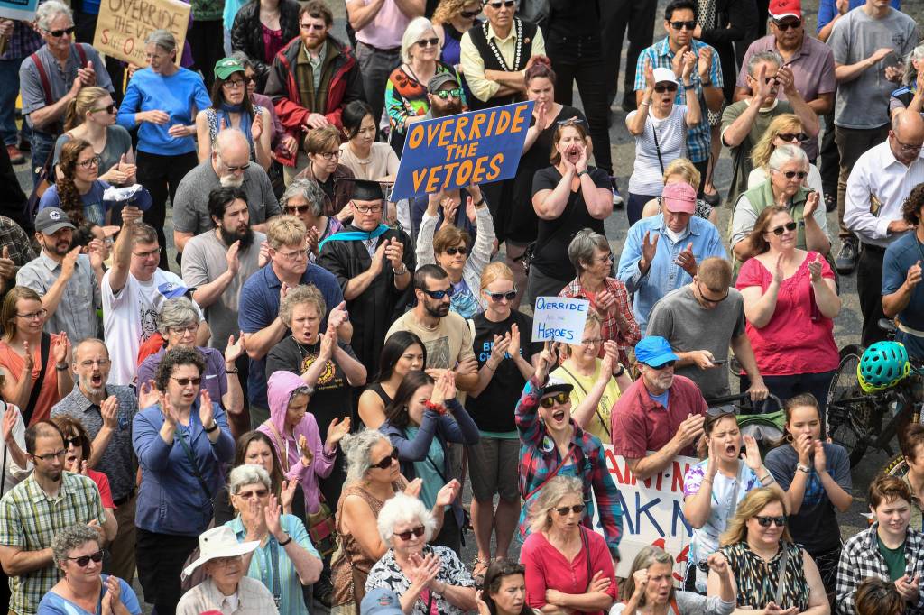 Hundreds attend a rally in front of the Capitol calling for an override of Gov. Mike Dunleavys budget vetoes on the first day of the Second Special Session of the Alaska Legislature in Juneau on Monday, July 8, 2019. (Michael Penn | Juneau Empire)