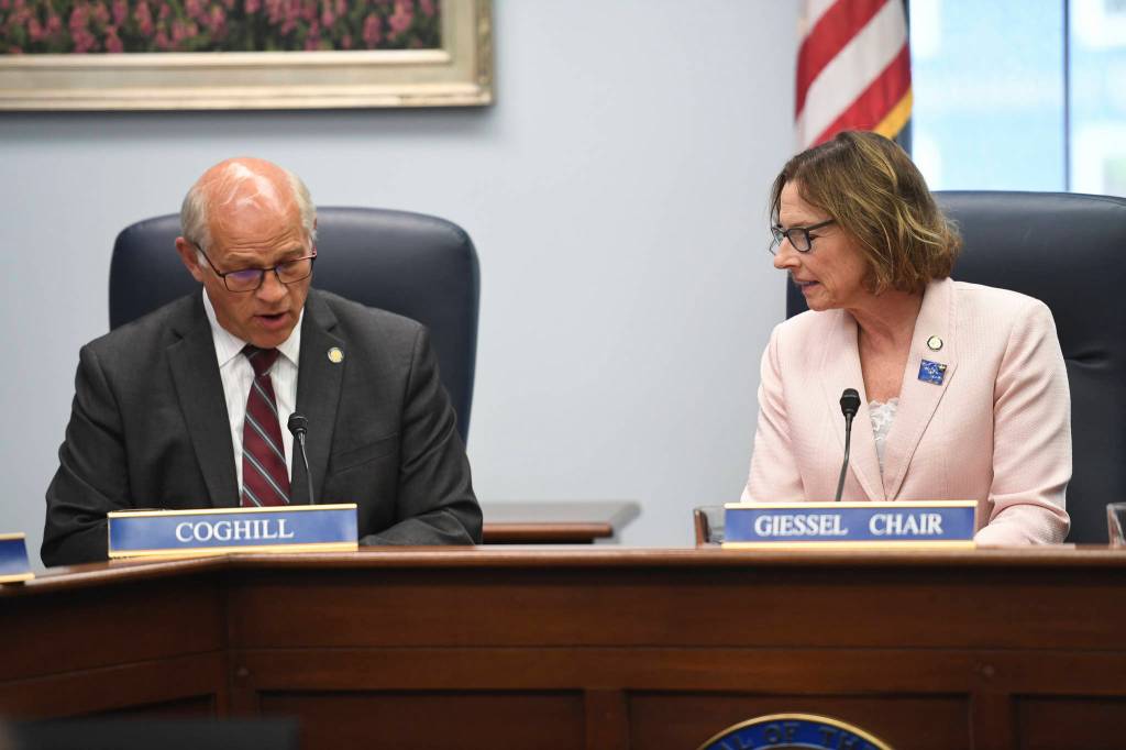Sen. John Coghill, R-North Pole, motions to remove Mia Costello, R-Anchorage, from her Senate Majority Leader seat as Senate President Cathy Giessel, R-Anchorage, listens during a Senate Rules Committee meeting on the first day of the Second Special Session of the Alaska Legislature in Juneau on Monday, July 8, 2019. Sen. Lyman Hoffman, D-Bethel, was named as the new Senate Majority Leader. (Michael Penn | Juneau Empire)